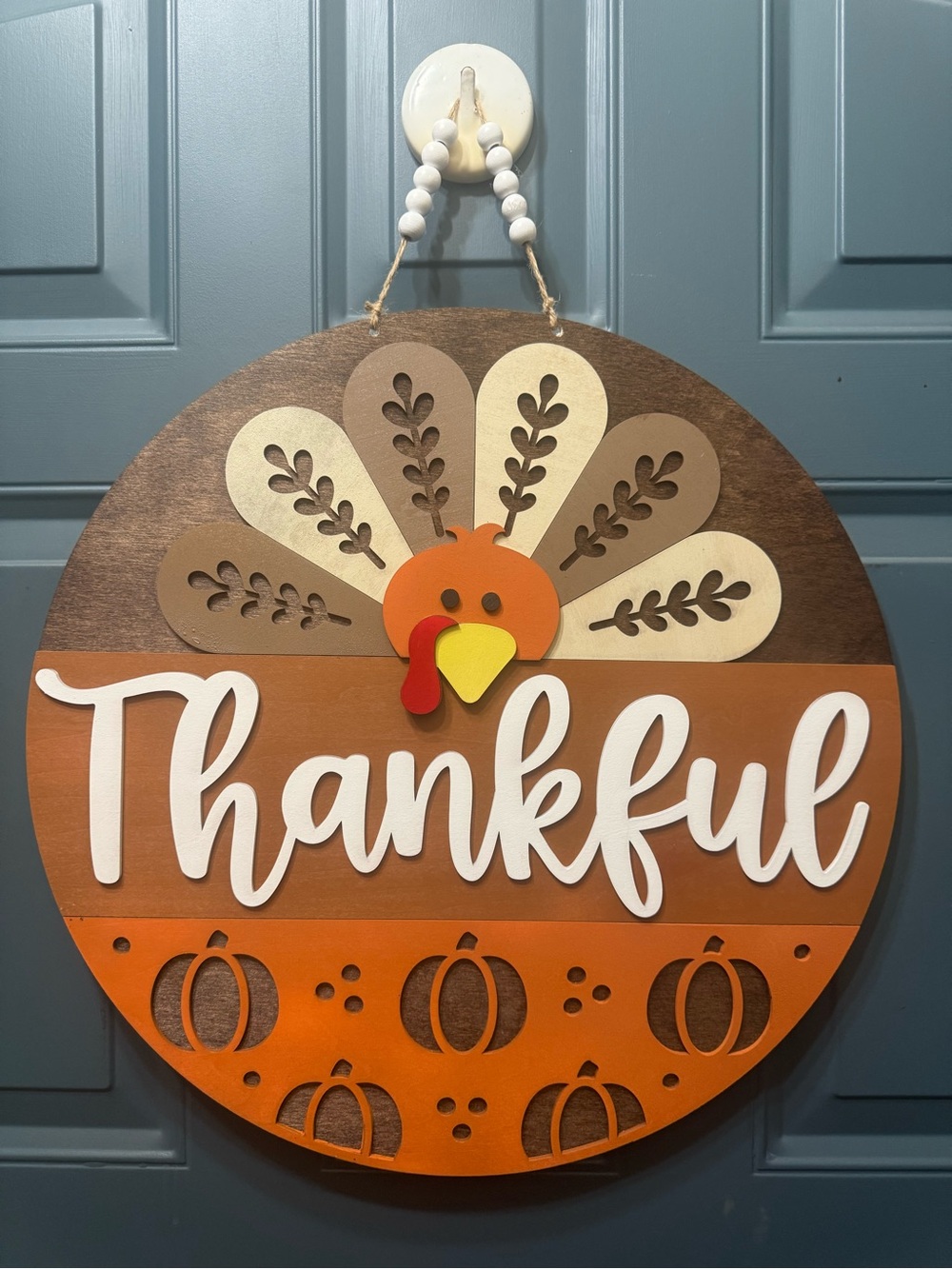 18” Thankful Wooden Turkey Door Hanger - Orange, Brown, Cream
